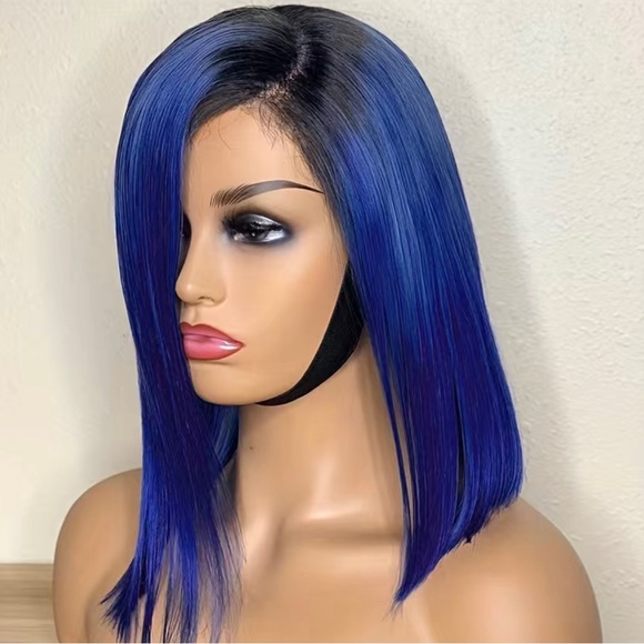 Ombre Black/DeepBlue 13x4 Lace Frontal Straight Peruvian Remy Human Hair Bob Wig - Picture 5 of 7